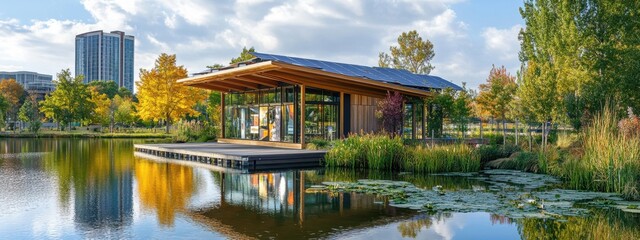 Obraz premium Modern wooden structure on the edge of a tranquil pond surrounded by lush greenery and colorful autumn trees under blue sky with scattered clouds