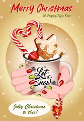 Merry Christmas Wishes Card Design with Hands Holding Hot Chocolate Mug Illustration 