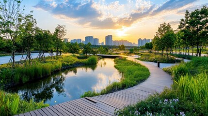 Fototapeta premium Serene Evening Landscape with a Meandering Pathway, Reflections on Water, Lush Greenery, and Modern City Skyline Under a Colorful Sunset