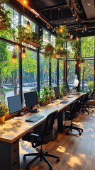Fototapeta premium Bright and Airy Office Space with Natural Light and Greenery, Showcasing a Modern Workspace Design with Large Windows and Hanging Plants
