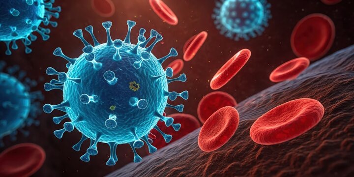 Microscopic View of a Virus Infecting Blood Cells A Detailed Representation of Viral Structure and Interaction with Human Blood