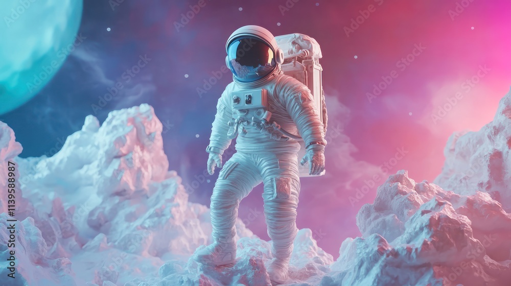 Poster an astronaut stands on a colorful, otherworldly landscape with celestial elements.