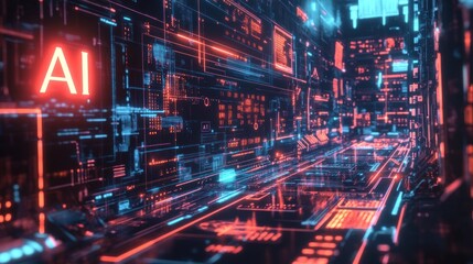 Obraz premium An illustration of a futuristic digital landscape with glowing circuits, binary codes, and the text 