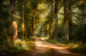 Fototapeta premium Malownicza leśna ścieżka oświetlona promieniami słońca, które delikatnie przenikają przez korony drzew. 