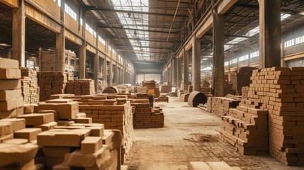 An industrial brick factory where raw clay is transformed into uniform, high-quality bricks through automated processes and large kilns.