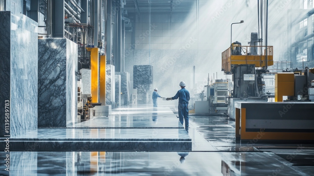 Canvas Prints An industrial granite factory, with workers guiding slabs of polished granite through automated cutting and finishing machines.