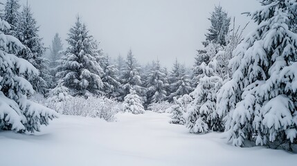 Fototapeta premium Snowy winter forest. Concept of winter wonderland, tranquility, and nature.