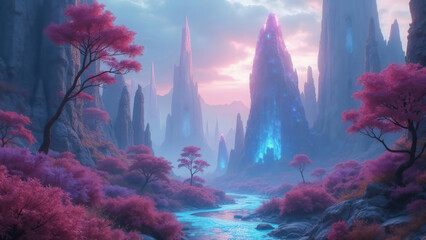 A breathtaking view showcases towering peaks bathed in soft twilight hues. Pink trees frame a tranquil waterway, enhancing the magical atmosphere in this surreal landscape. Generative AI
