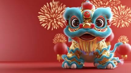 Obraz premium Colorful and Vibrant Lion Dance Figure with Festive Background and Fireworks for Celebratory Events