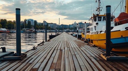 Naklejka premium Wooden Pier Leading to Cityscape at Sunset. Concept of Travel, Exploration, and Urban Waterfront.