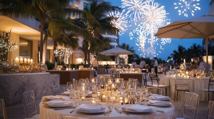 Obraz premium Fireworks and Romance: A magical evening unfolds at a lavish outdoor wedding reception, illuminated by the dazzling spectacle of fireworks bursting in the night sky.