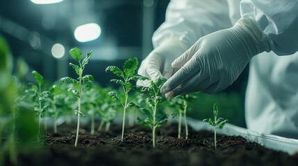 A close-up of scientists wearing gloves and protective suits handling young plants and applying precision techniques in a greenhouse