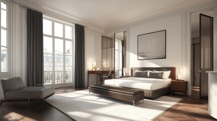 Bright, modern bedroom with elegant furnishings and large windows.