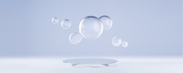 Round glass product podium with floating blob bubble formations on soft blue backdrop. Minimalist luxury display with transparent spheres. Premium realistic 3d vector delicate presentation platform.