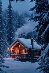 Fototapeta premium cozy winter vacation cabin in the snow with snowy landscape
