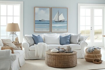 A coastal living room with light, airy colors, natural light, and nautical decor accents. 