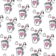 Seamless pattern with mugs of hot drink with hearts, marshmallows and straw in doodle style