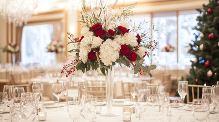Festive Elegance: A breathtaking centerpiece of red roses and white hydrangeas commands attention on a lavishly set table, creating a scene of refined holiday cheer. 