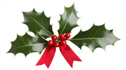 Holly Sprig with Red Ribbon: Festive Christmas Holly Sprig Decoration 