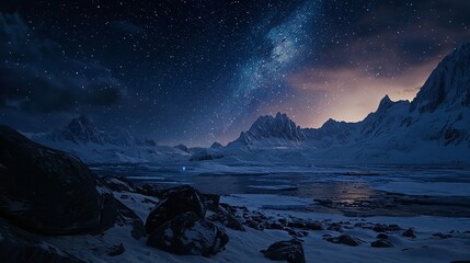 Milky Way Above Frozen Sea Coast and Snow-Covered Landscape