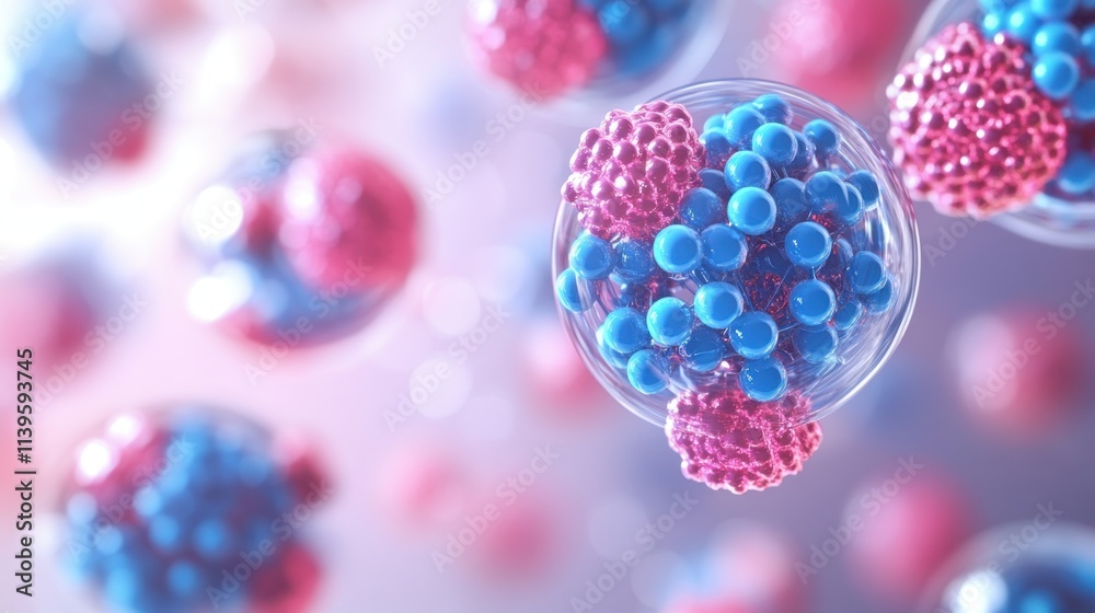 Poster colorful abstract representation of cells and molecules in a scientific context.