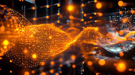 Naklejka premium Smart Network and Connection Concept. Orange, Futuristic Digital Style. 3D Render.