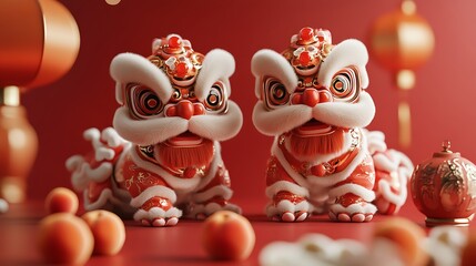 Fototapeta premium Traditional Chinese Lion Dance Figurines on Vibrant Red Background with Decorative Oranges and Lanterns