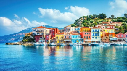 Obraz premium Colorful coastal village with vibrant buildings and boats reflecting in calm waters.