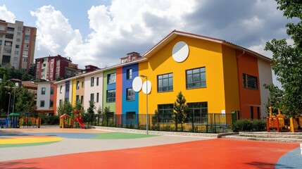 Obraz premium Colorful playground and educational building in a sunny environment.