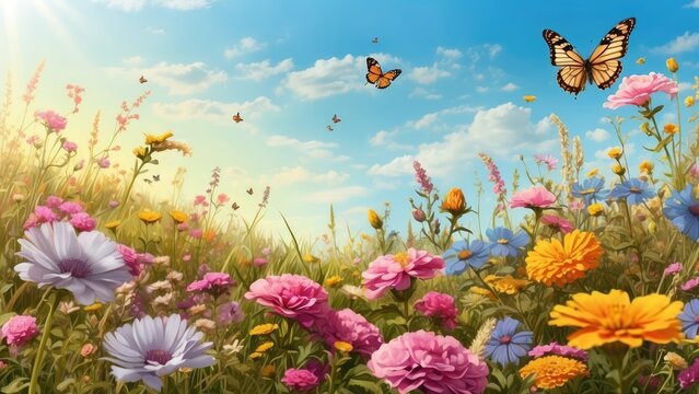 a vibrant, colorful scene depicting a field of wildflowers,