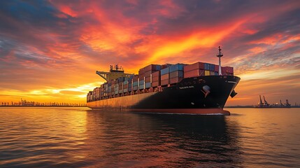 Cargo ship at sunset. Global trade and logistics concept.