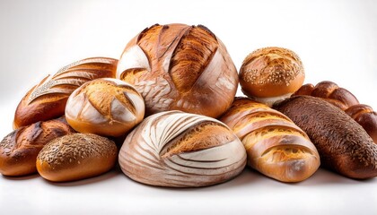 An array of artisan bread loaves with varied patterns are clustered on white background.