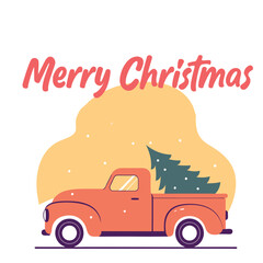Obraz premium Merry Christmas and Happy New Year Postcard or Poster or Flyer template. Vintage styled vector illustration. Merry Christmas and Happy New Year Postcard or Poster or Flyer template with retro pickup 