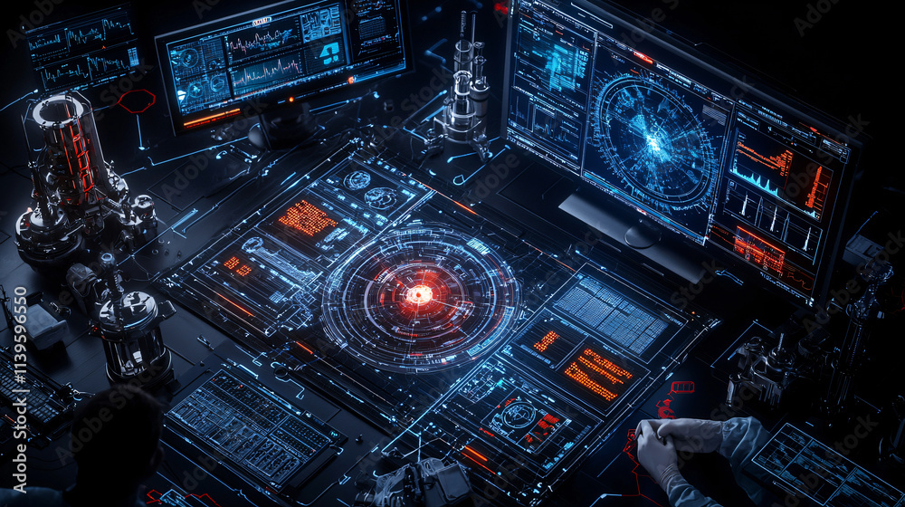 Poster futuristic research lab with advanced technology, featuring glowing screens, data visualizations, an