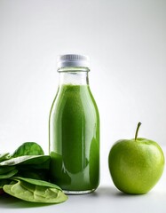 Green smoothie, bottle, apple, lime, spinach, white background, fresh, healthy drink.
