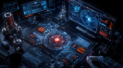 futuristic research lab with advanced technology, featuring glowing screens, data visualizations, and intricate machinery. atmosphere is high tech and innovative, showcasing scientific exploration