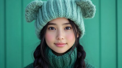 A young girl wearing a knitted hat with bear ears, smiling against a green background.
