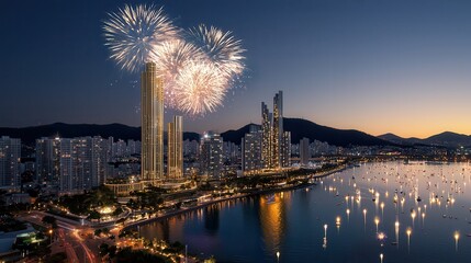An extravagant fireworks display over a modern urban skyline,