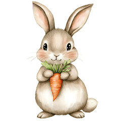 Obraz premium Cute rabbit holding carrot with green leaves, perfect for spring themes