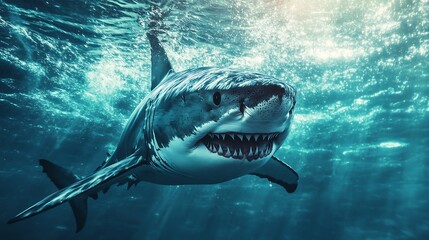 Great White Shark Underwater. Powerful Predator in Ocean. Marine Wildlife.