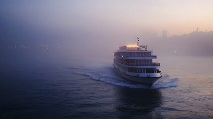 Cruise ship in a foggy river. Misty morning travel.