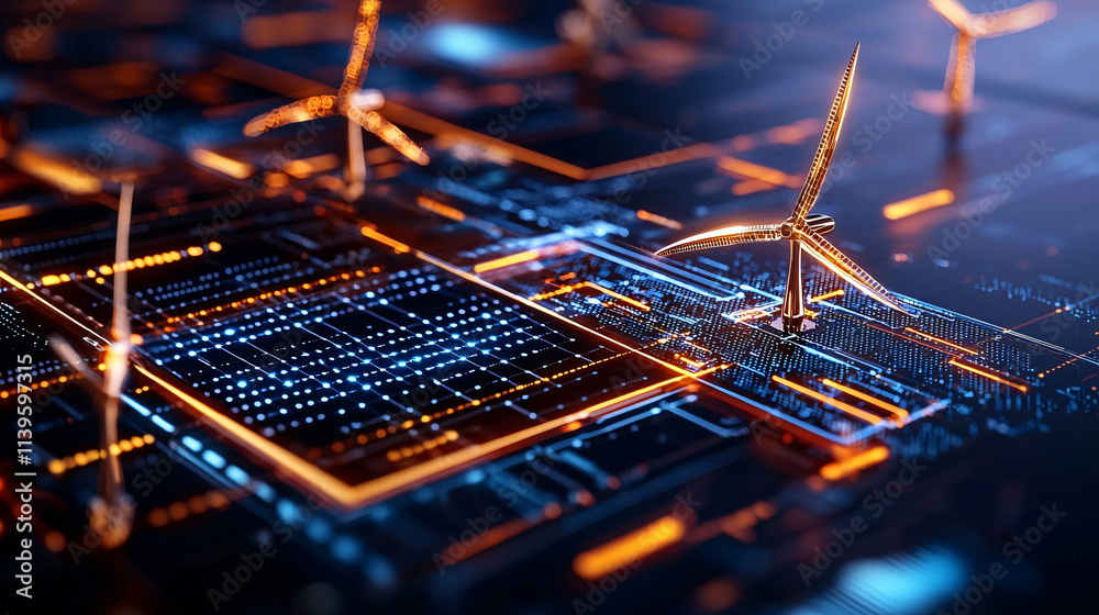 Poster close up of green energy smart grid system featuring wind turbines and digital circuits, showcasing innovation in renewable energy technology