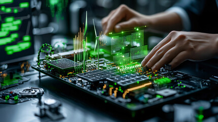close up of green energy smart grid system with advanced technology, showcasing hands interacting with circuit board and digital data visualization