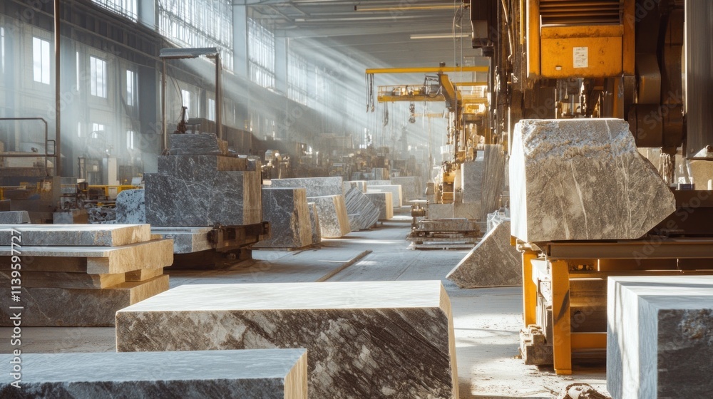 Canvas Prints A busy granite production line with large blocks of raw granite being cut, polished, and shaped by advanced machinery.