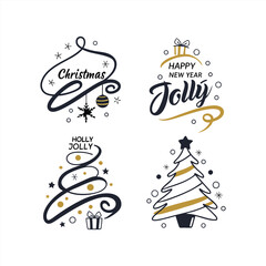 Merry Christmas. Happy New Year. Handwritten modern brush lettering, Typography set.