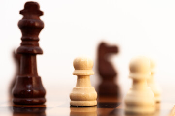 A black and white chess piece is on a board with a black and brown piece