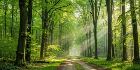 Fototapeta premium Sunlit Path Through a Lush Spring Forest, Beams of Light Illuminating the Canopy