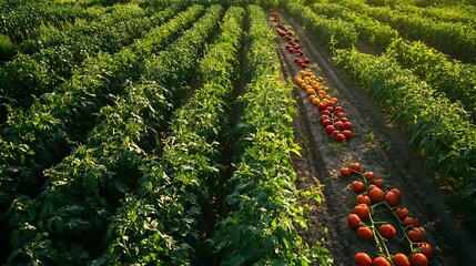 Tomato Field Rows, Harvest Time. Concept of Fresh Produce, Agriculture, and Farming.