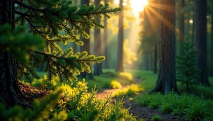 Obraz premium Soft sunlight filters through dense Spruce tree branches, woodsy, greenery, spruce forest