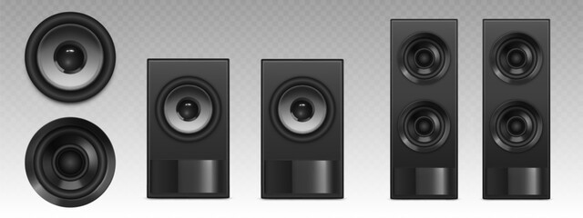 Black audio speaker systems of different configurations - single round units and rectangular textured enclosures with multiple drivers. Realistic 3d professional sound equipment with metallic cones.